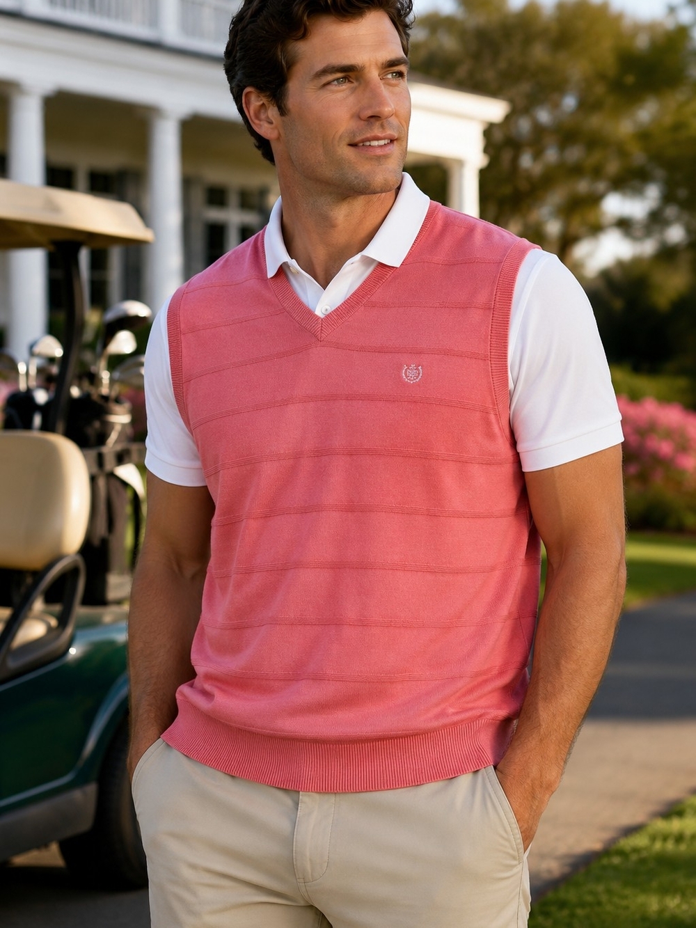 Chaps Men's XXL Coral Cotton V-Neck Sweater Vest Preppy Golf